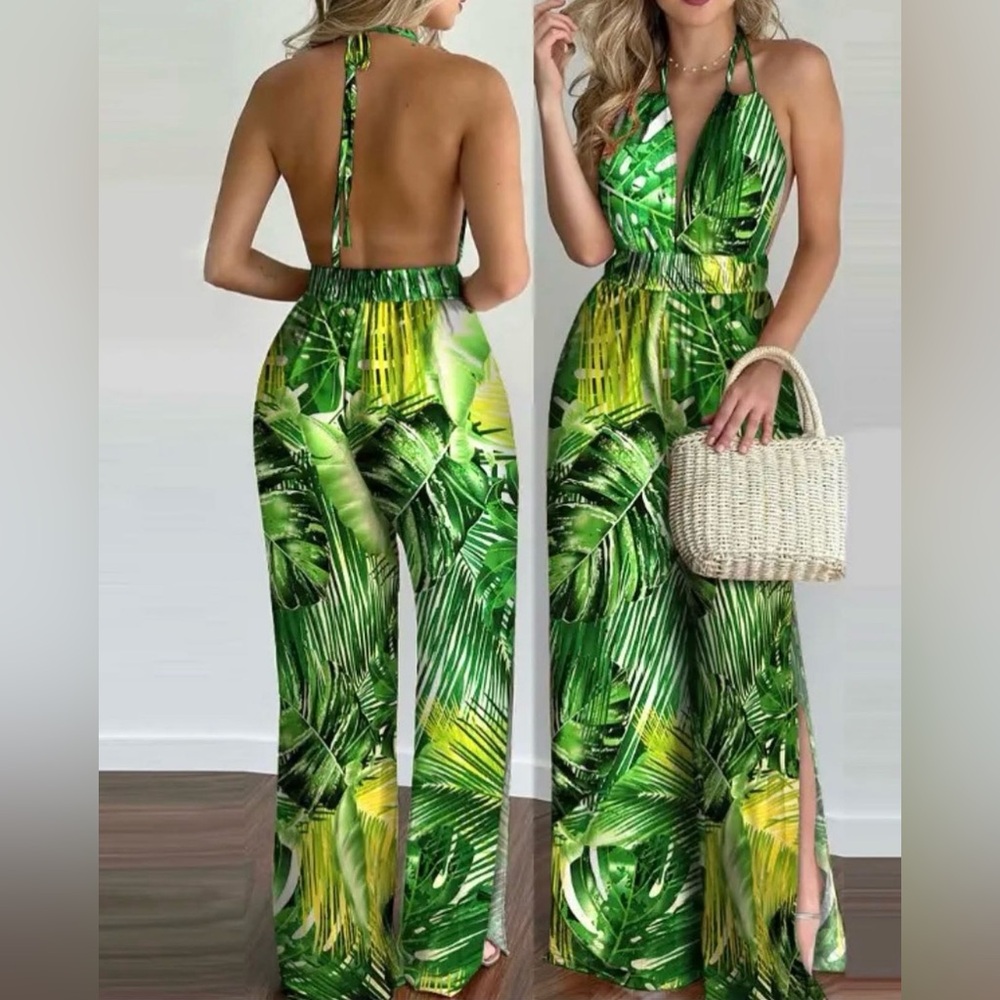 Tropical Green Leaf Print Jumpsuit - Picture 1 of 4